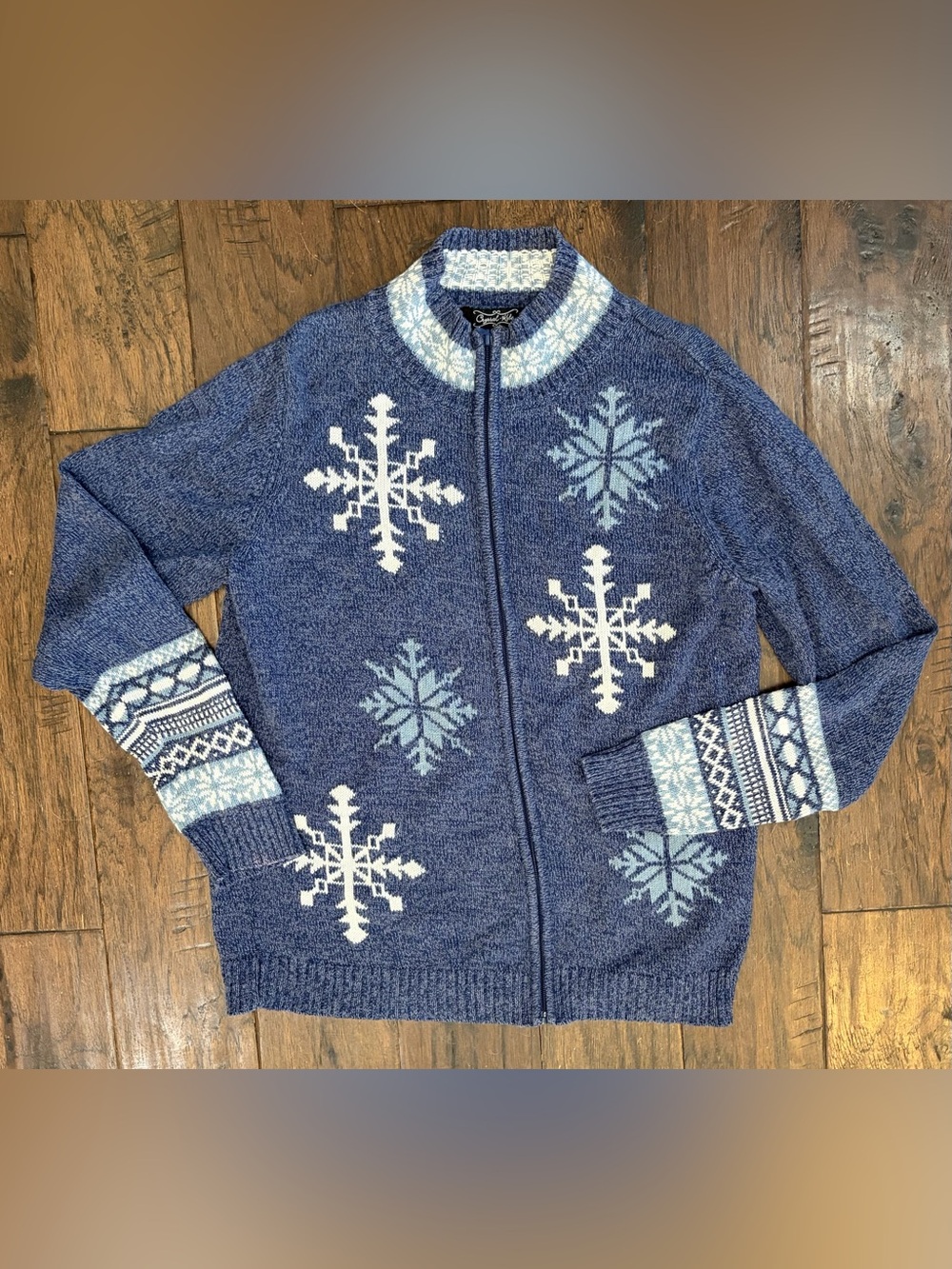 Crystal Kobe Blue Snowflake Nordic Fair Isle Zip Sweater Cardigan M